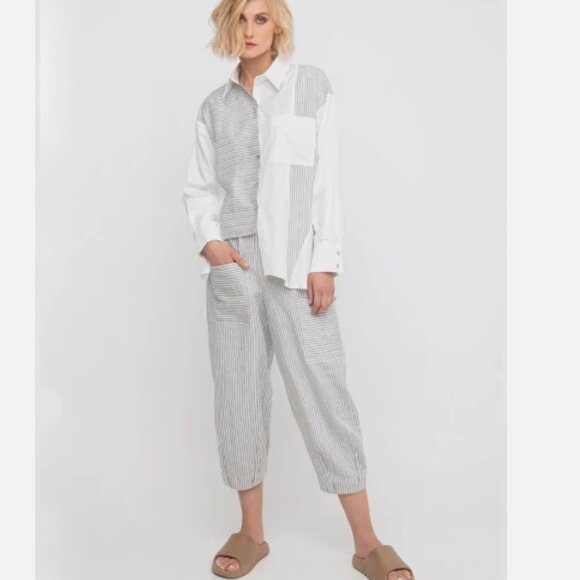 Ozai n Ku Rays Striped Metallic Pull On Lagenlook Cropped Pants Women's size L - Picture 2 of 8